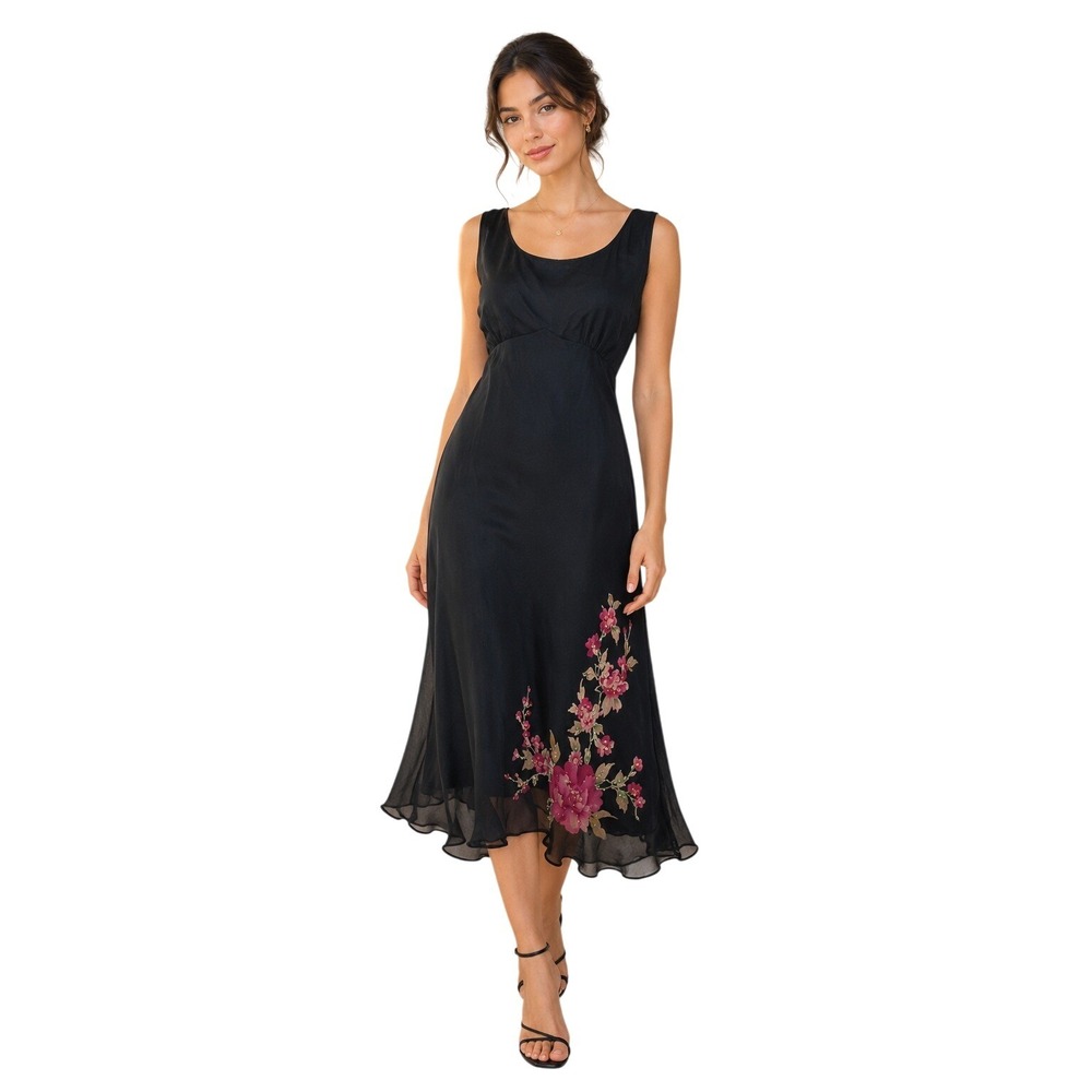 Robbie Bee Silk Midi Dress Womens 6 Black Floral Beaded Sleeveless Side Zip Y2K